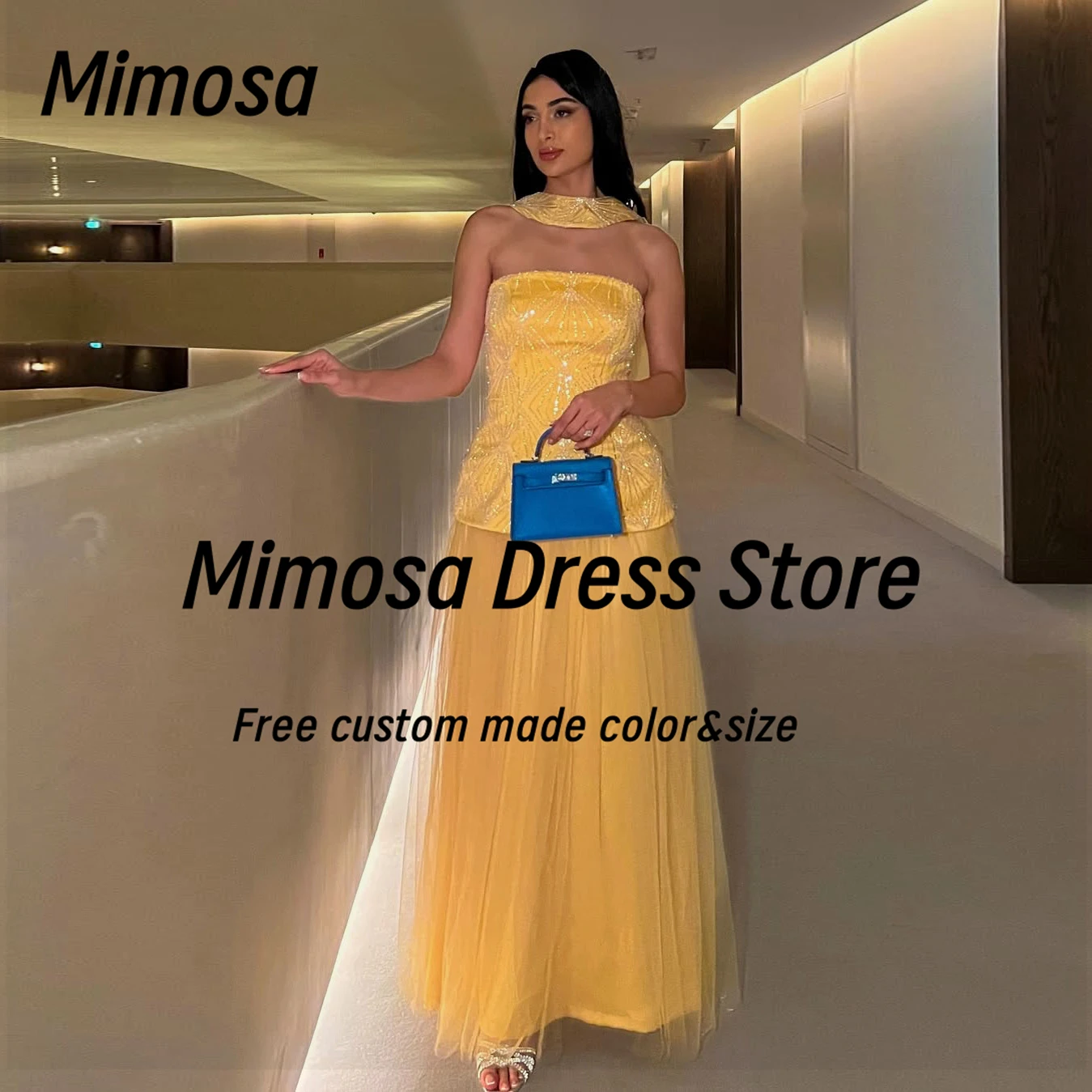 Mimosa Yellow Tulle Prom Dresses Strapless Shinny Sequins Vestidos Des Noches Sexy Back Cocktail Party Evening Gowns Customized