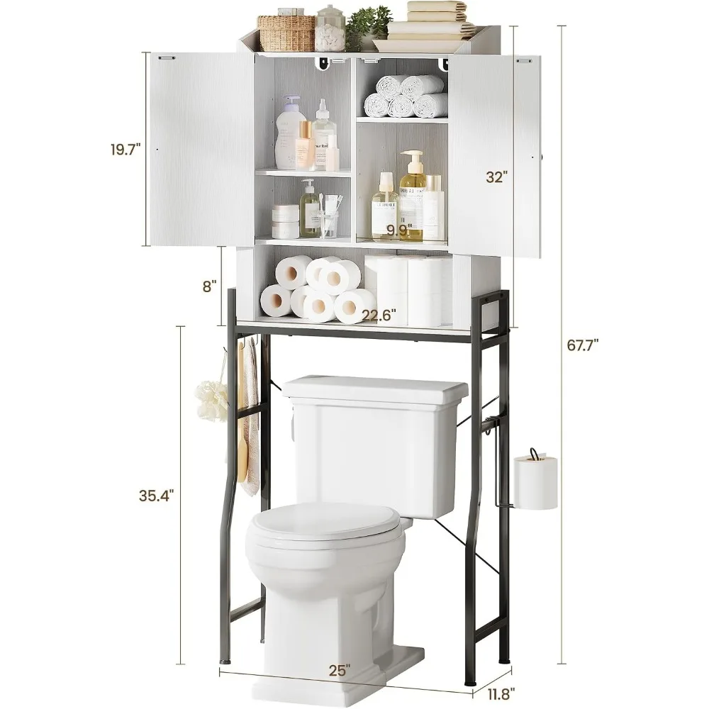 Memobarco Over The Toilet Storage Cabinet with 2-Door & Metal Stand, White | Toilet Paper Holder, 3 Extra Hooks, Anti-Tipping Device, With Adjustable Shelves, for Bathroom, Restroom, Laundry
