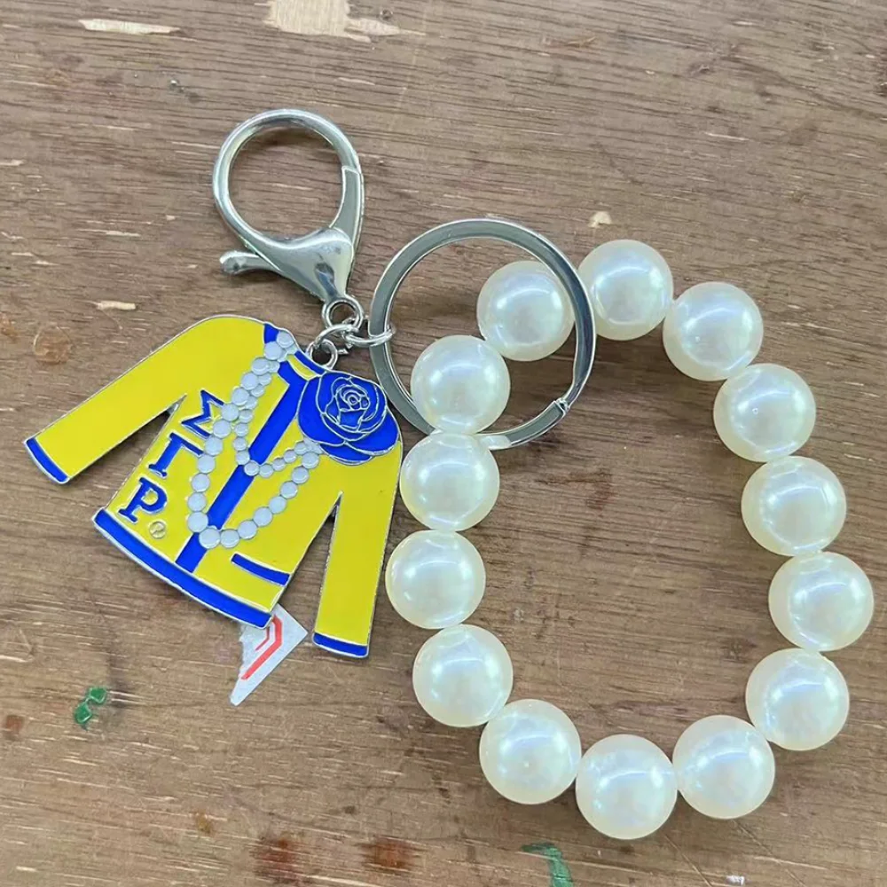 14mm Full Pearl Chain with Double Open Ring and Lobster Claw Buckle SIGMA GAMMA RHO Greek yellow blue Enamel charm Keychain