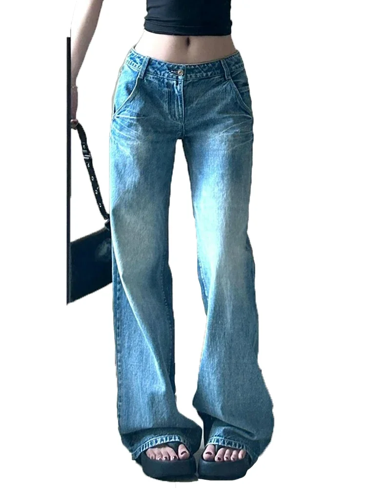 Neue Vintage Gewaschen Distressed Mode Weibliche Breite Bein Hosen Amerikanischen Grund Hohe Taille Lose Beiläufige Gerade Einfache Frauen Jeans
