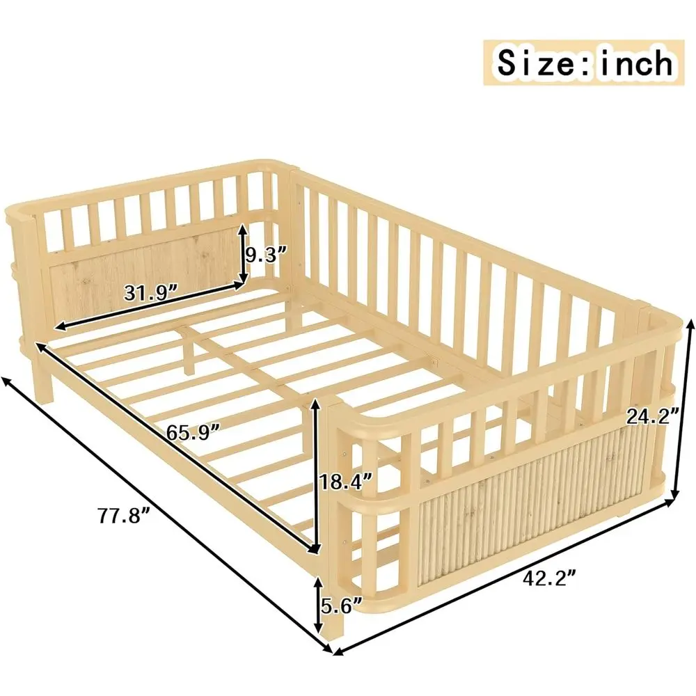 Metal Twin Size Montessori Bed with Fence and Slats, Twin Size Low Platform Bed Frame with Detachable Side Bed Rails and Rounded