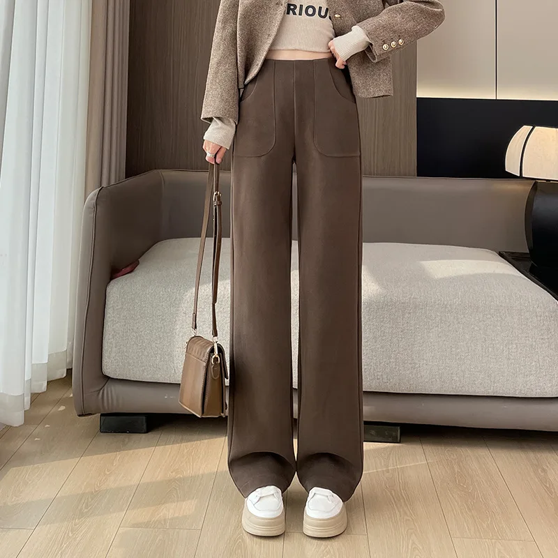 High-waist Wide-leg Pants, Autumn Narrow Version Woolen Glutinous Rice Pants, Drapey Patchwork Casual Warm Women's Trousers