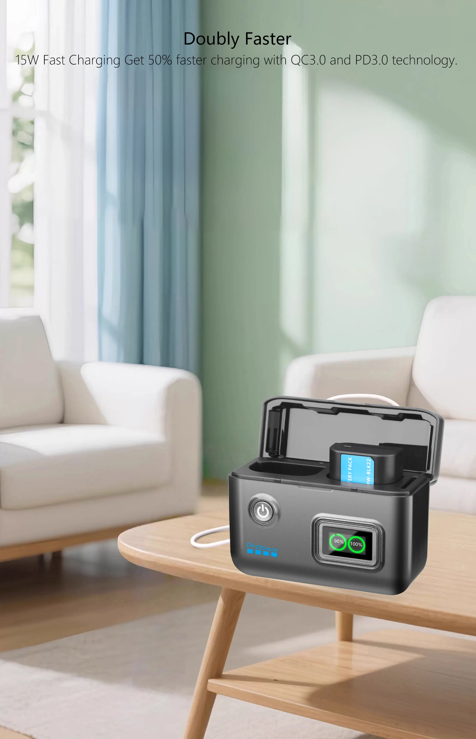 Probty DMW-BLK22 شاحن سريع محمول لـ Lumix DC-S5، S5II، S5IIX، S5M2، S5M2X، S1RII، GH6، GH6L، GH5II، G9M2