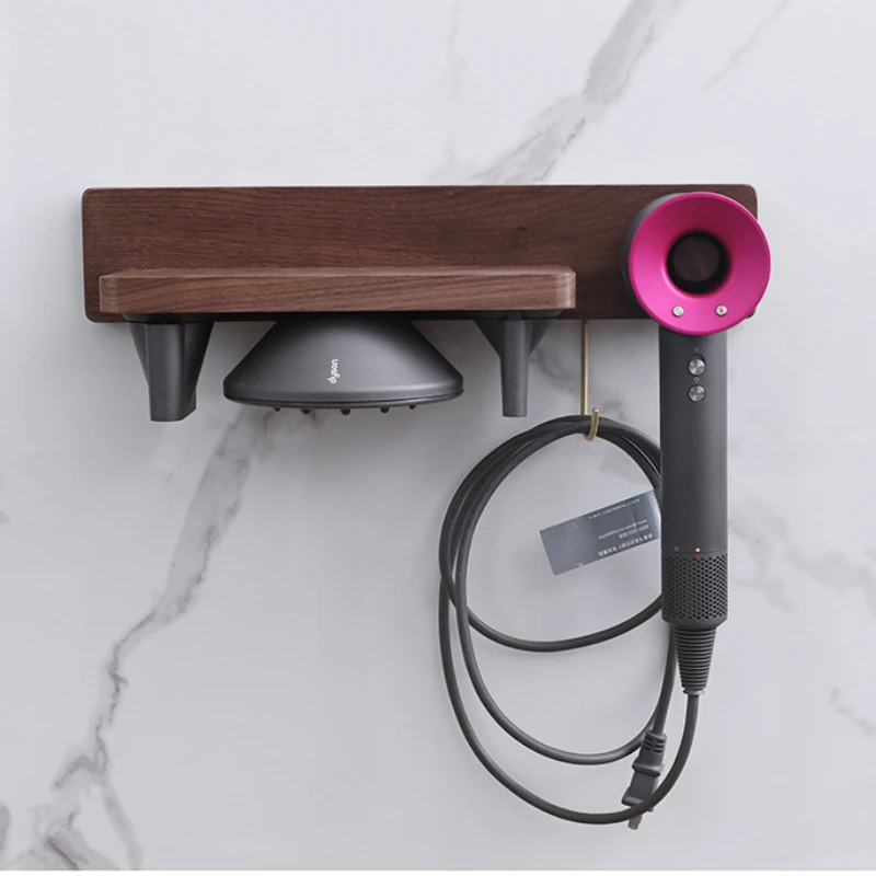 Rustic Walnut Wood Wall Mounted Hair Dryer Organizer Durable Magnetic Holder Easy to Install Bathroom Storage for Dyson