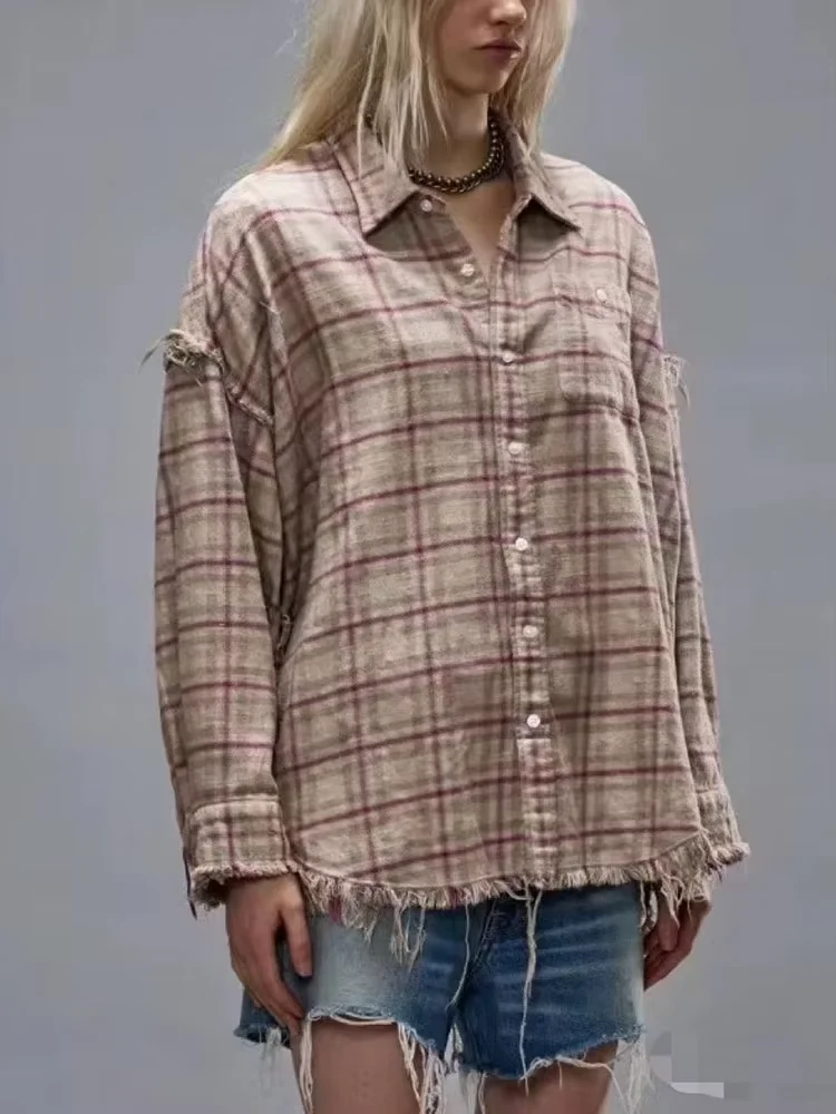 女性用コットンシャツ,長袖,ルーズフィット,カジュアル,破れ,風,ラージ,秋冬,2022, 2k