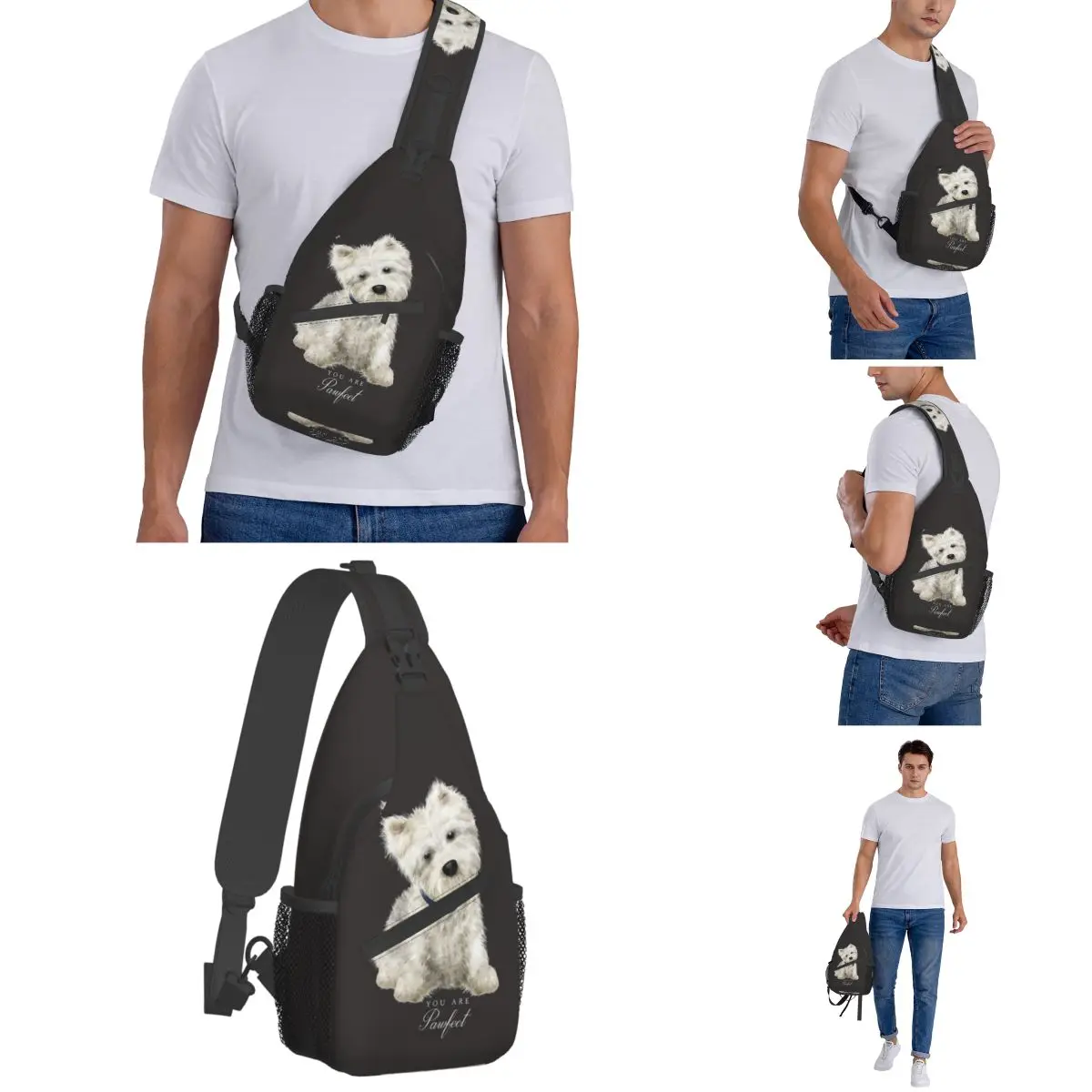 Westie West Highland Terrier pies torba typu Crossbody Sling Bag casualowa torba noszona na klatce piersiowej uroczy szczeniak plecak na ramię plecak wędrówki sportowe