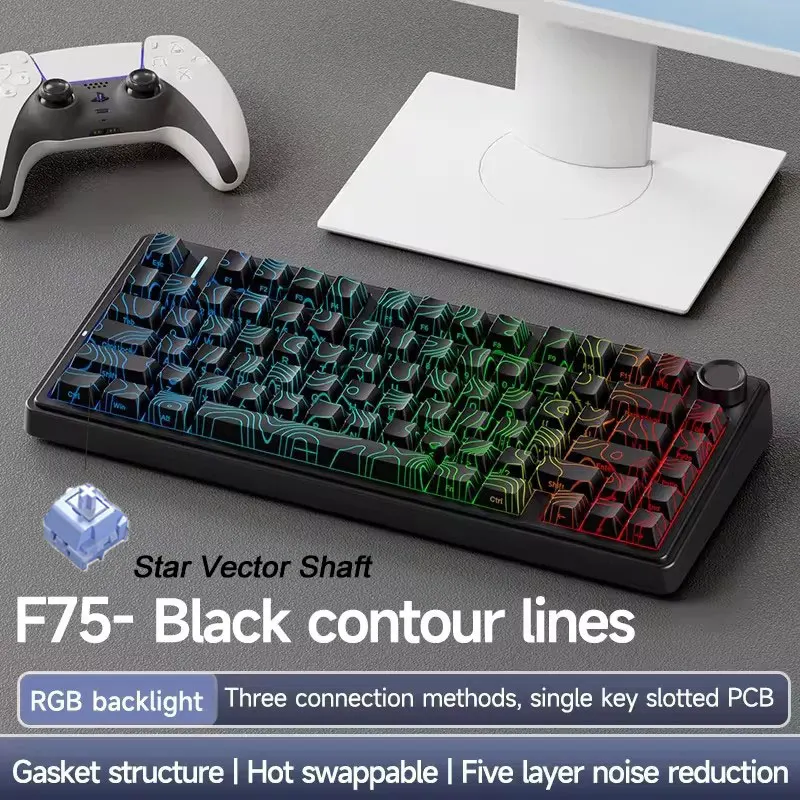 AULA F75 2.4G Draadloos/Bluetooth/Bedraad Gaming Mechanisch Toetsenbord RGB Aangepast 75% Layout OEM Profiel Gasket PC Game Toetsenbord