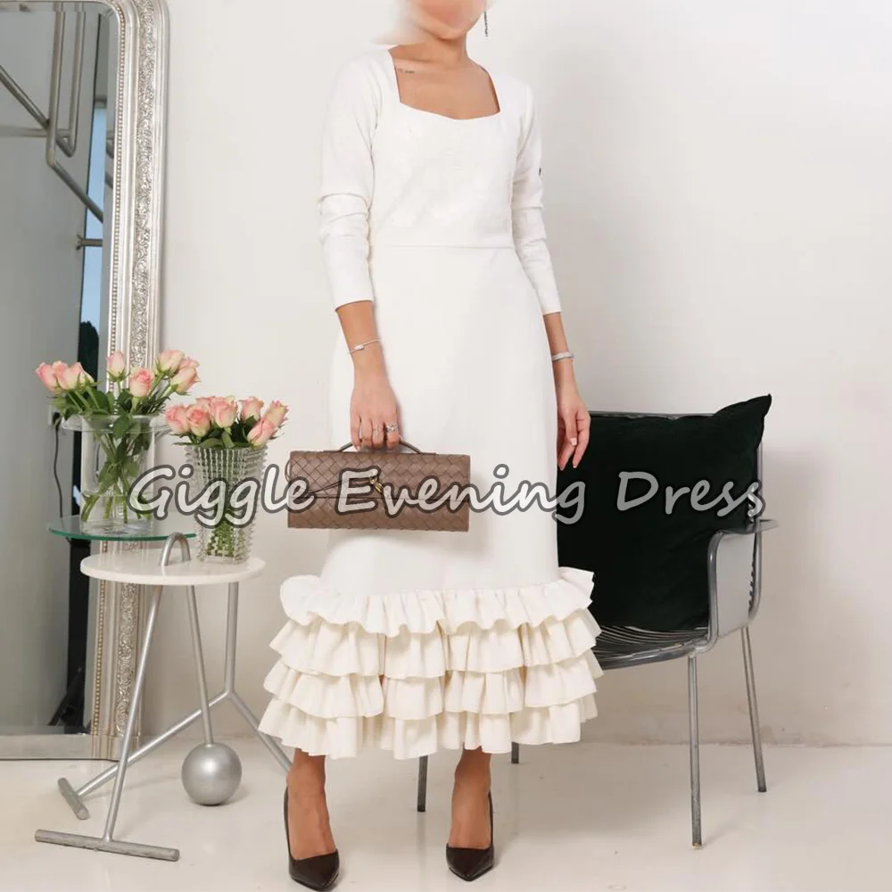Elegant Crepe Evening Dresses Square Collar 3/4 Sleeves Ankle Length Party Dress Ruffles A-Line Formal Prom Gowns Customized