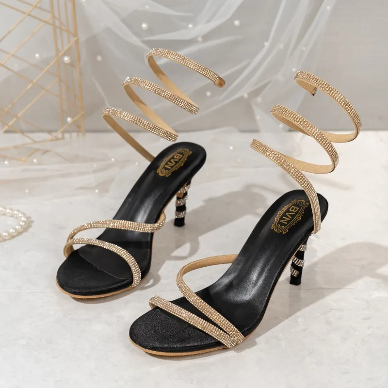 

Summer Fairy Style Open Toe Rhinestone Slip Strap Sandals Women's Stiletto Heel Sexy Beautiful Snake Wrap Ring Heel Shoes
