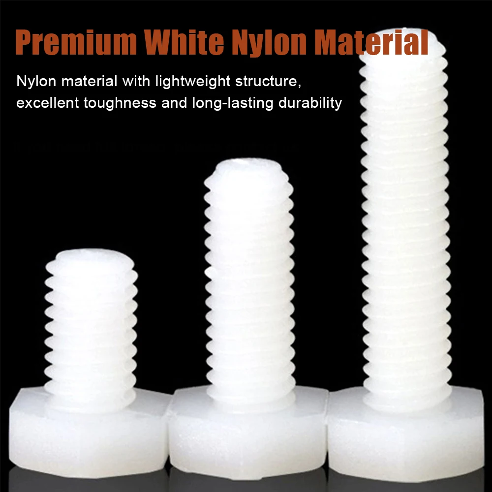 White Nylon Hexagon Head Screw Bolt M3 M4 M5 M6 M8 M10 M12 Plastic External Hexagonal for Heat/Electricity Insulation Use