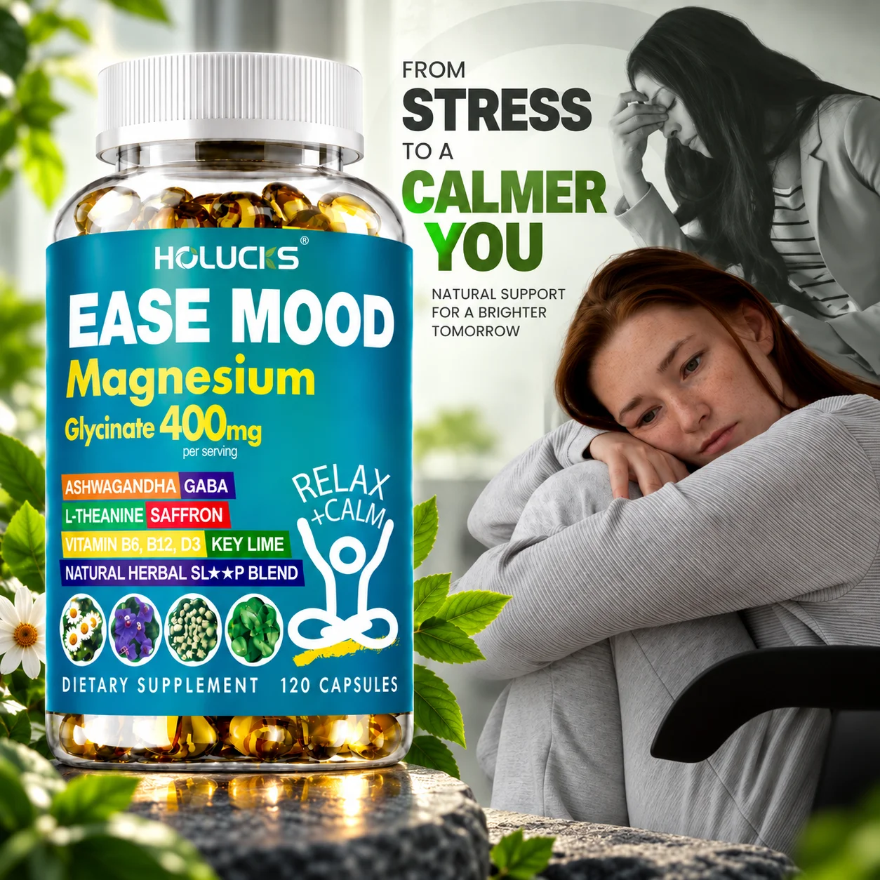 Magnesium Glycinate Capsules, Ashwagandha L-Theanine & GABA , Support Stable Mood, Calm Overactive Mind, Relieve Muscle Tension