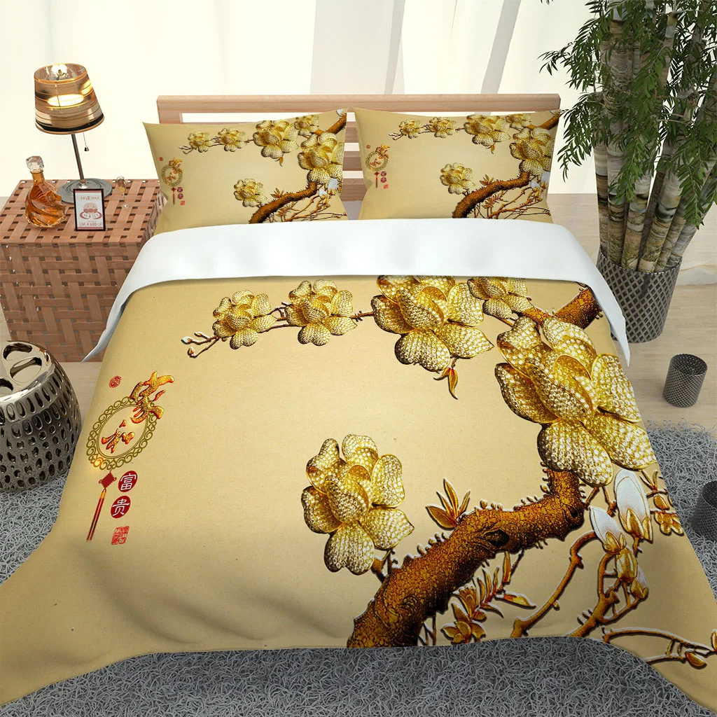 HUANZHUANG Bedding Set Theme Fashion Duvet Cover Children'S Bedroom Golden Flower Trees Digital Printing Bed Linen Queen Size De