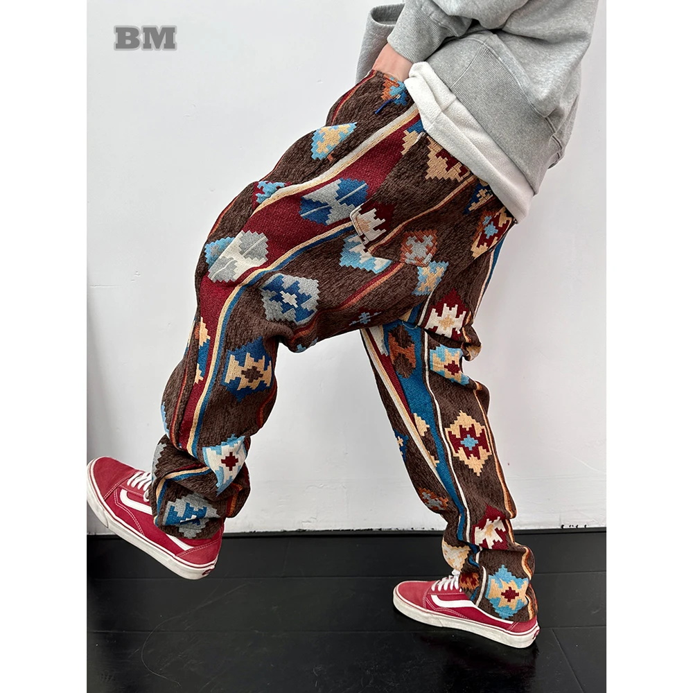 American Streetwear Geometric Pattern Casual Pants Men Clothing Ethnic Style Jacquard Cargo Trousers Harajuku High Quality Pants