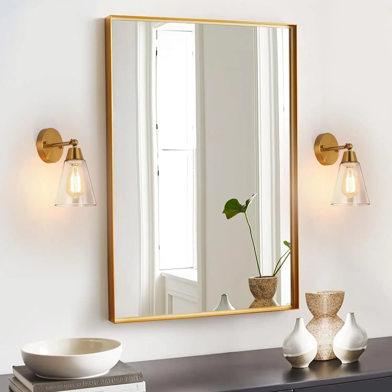 Gold Wall Sconce Set of 2,Modern Brushed Brass Sconces Lighting with Clear Glass Shade, Bathroom Light Fixtures over Mirror