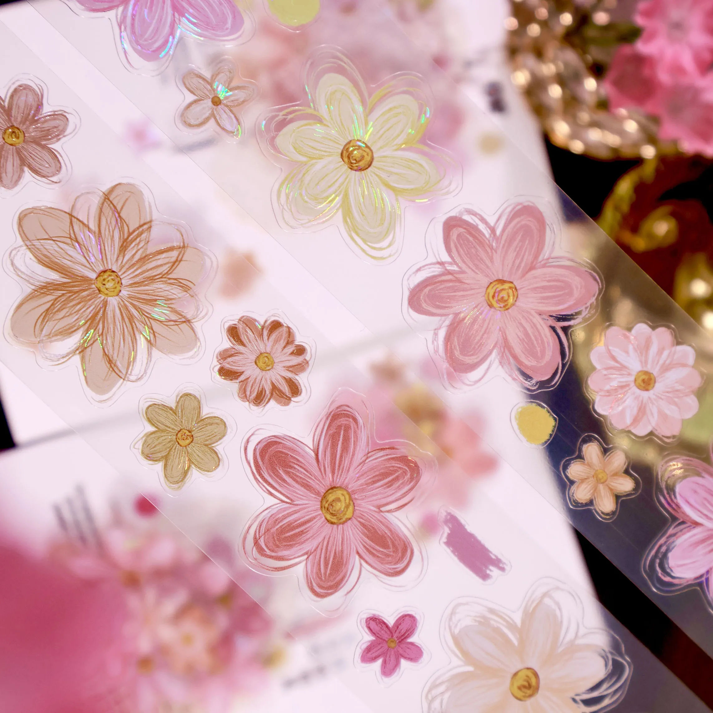 Flower Washi Pet Tape Vintage Pink Shell Shiny Pre-cut For Journal DIY Scrapbooking Journal Decorative Sticker