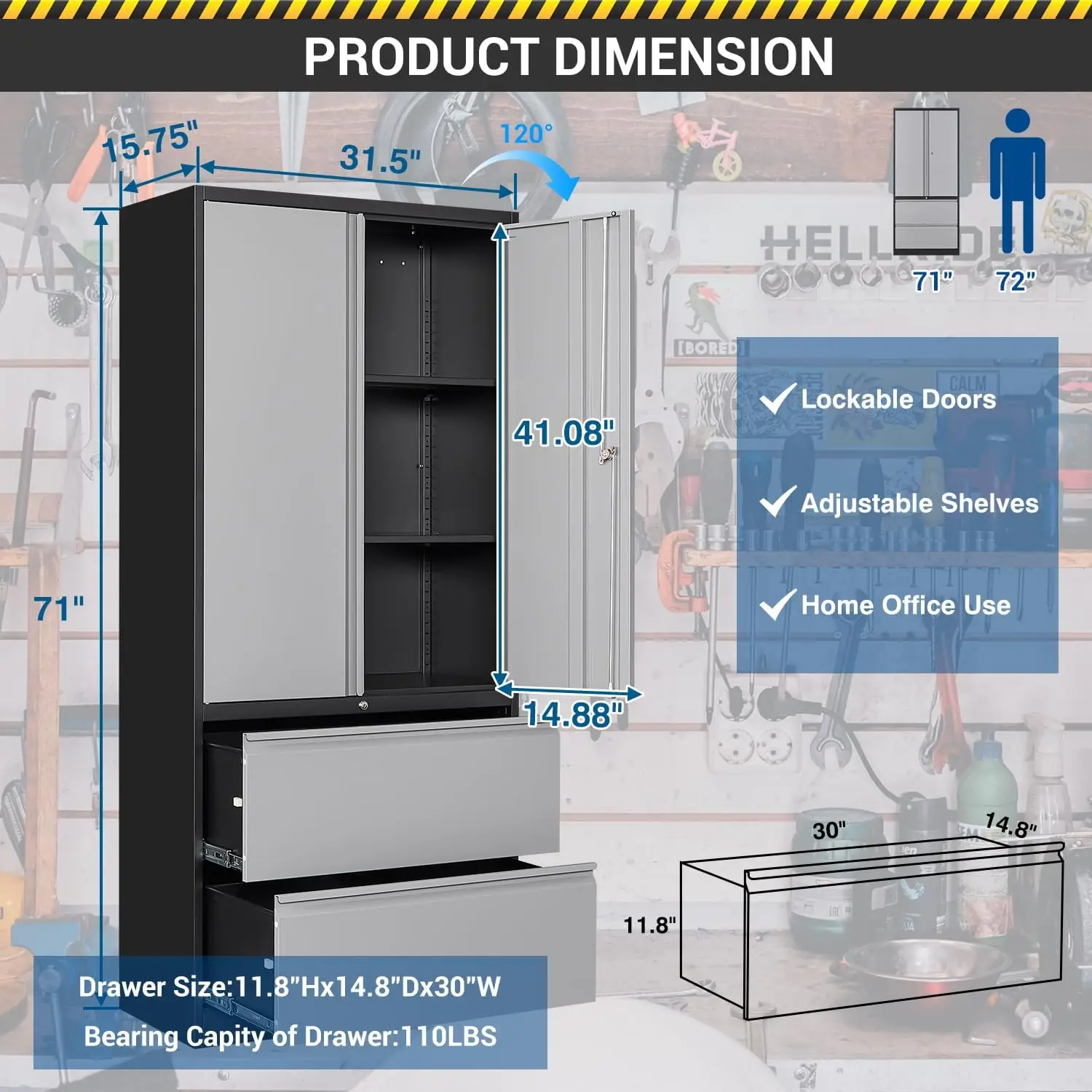 Metal Storage Cabinet with Lock - Large Lockable Garage Tool Cabinet with Drawers and Shelves - Tall Steel Heavy-Duty Cabine