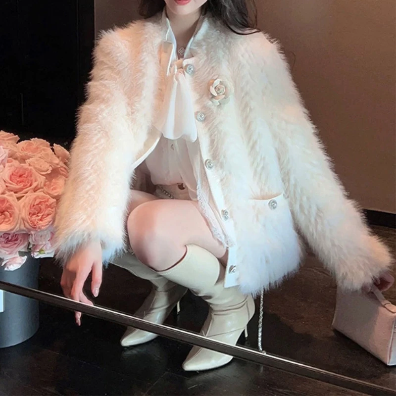 Francuski elegancki okrągły kołnierzyk z długim rękawem jednorzędowe luźne na co dzień dopasowane płaszcze ze sztucznego futra damskie kurtki zimowe