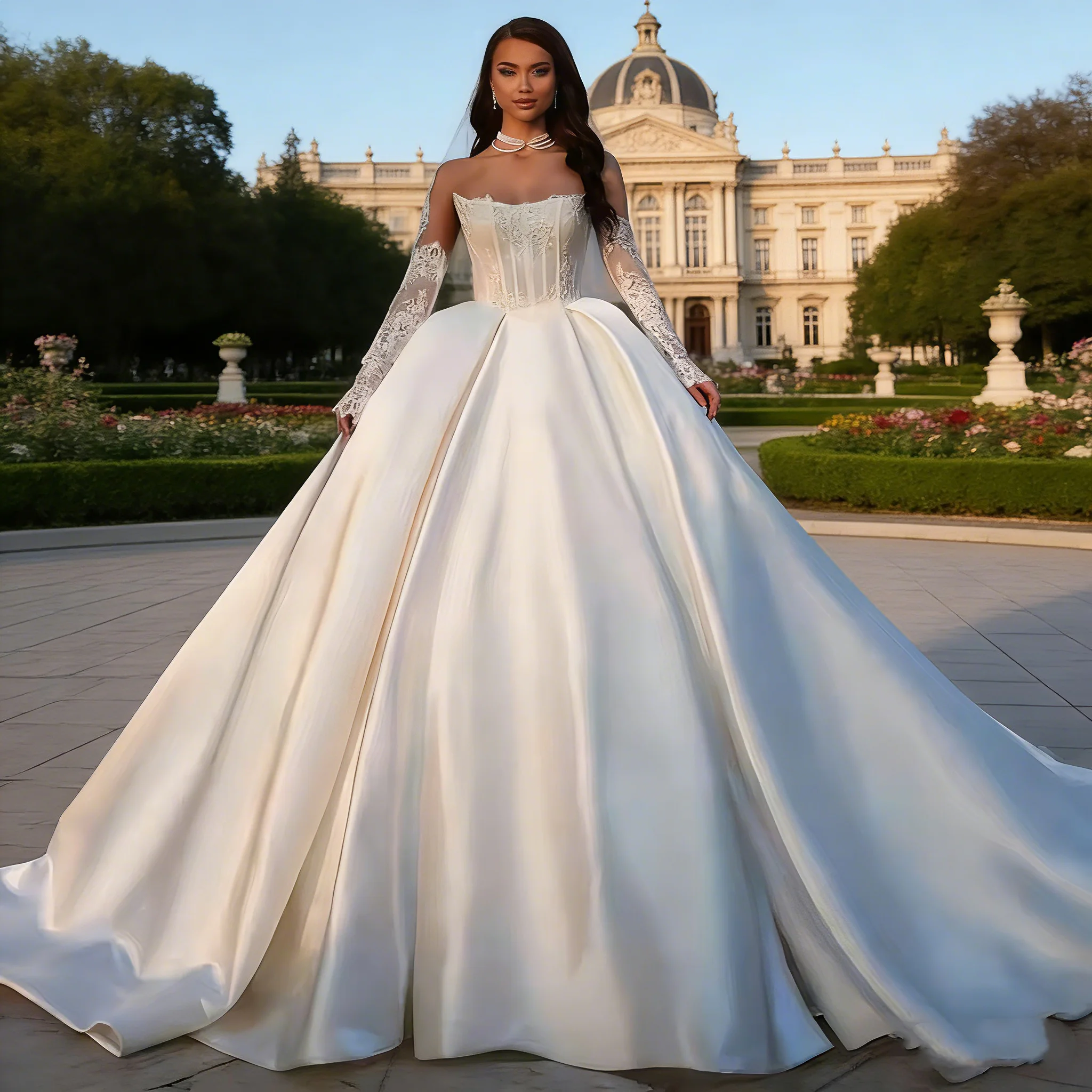 Maßgeschneiderte Spitzen-Ballkleider Hochzeitskleider mit Satin-Unterteil Luxuriöse Vestidos De Novia Abnehmbare Ärmel Vintage Hochzeitskleid