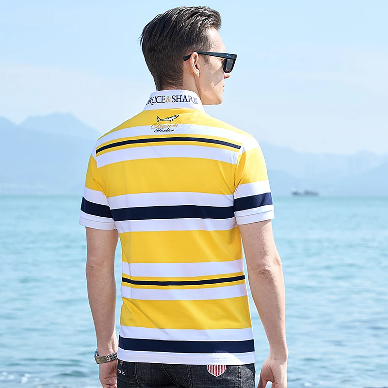 2024 Summer New Men\'s Yellow Stripe Polo Short Bruce&shark Casual Loose Men\'s Tees Fashion Embroidery Luxury Polo Big Size 4XL