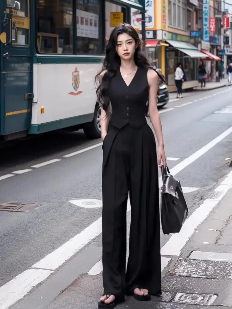 طقم بدلة تنحيف صيفية للسيدات من Faionable Street Sle مع سترة وسراويل واسعة الساق مكونة من قطعتين بأزرار لأعلى على شكل حرف V Ne