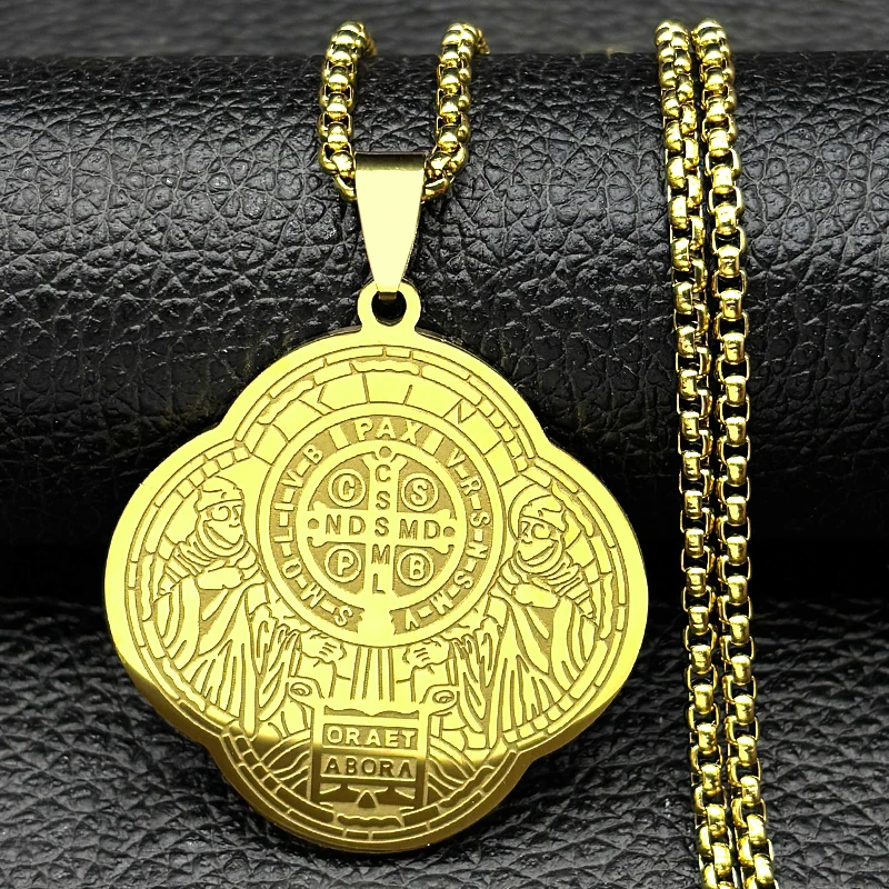 الكاثوليكية سانت بنديكت البرسيم ميدالية قلادة من الفولاذ المقاوم للصدأ للنساء الرجال الذهب اللون عبر سلسلة الصلاة مجوهرات سان بينيتو