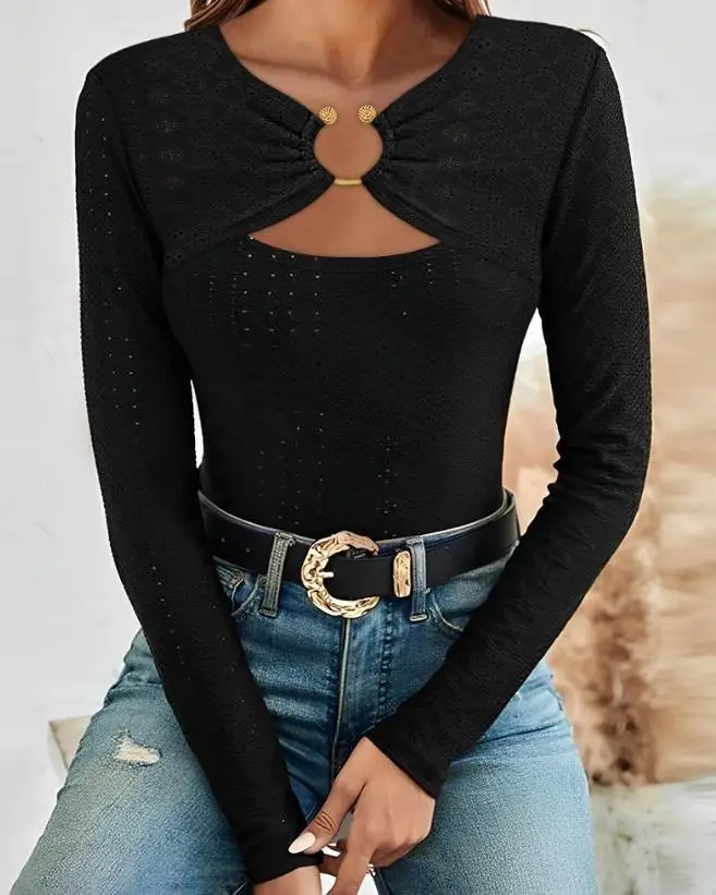 

Women's Cutout Long Sleeve Top Twist Detail and Metallic Accent Design Stylish Casual Top