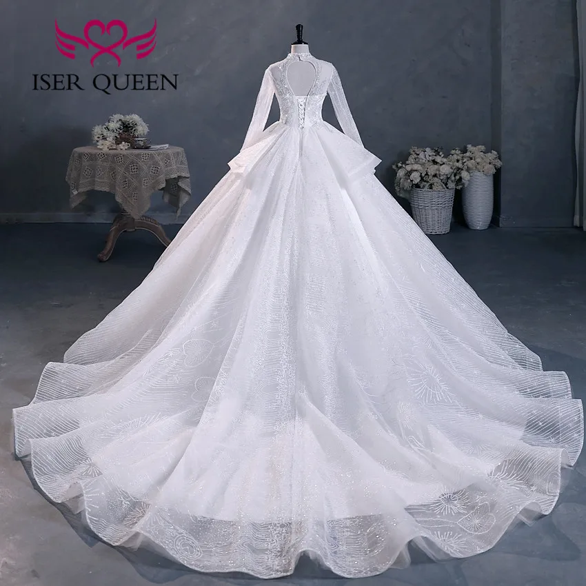 Customized Beaded Lace Luxury Arab Wedding Dress 2024 High Neck Heavy Beading Quality Organza Gilter Tulle Wedding Gown WX0290