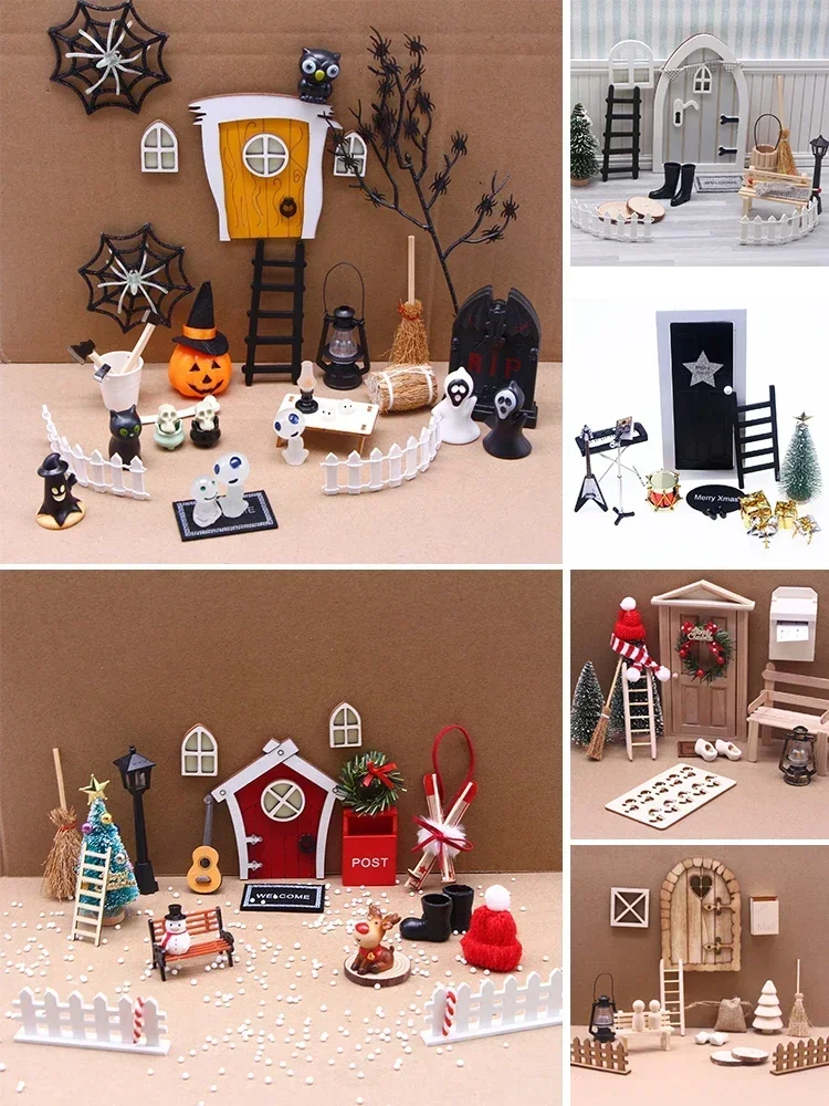 Doll House Mini Christmas Elf Door Fairy Hallowmas Decoration Mini Color Door Mini House Retro Door Christmas DIY Decoration