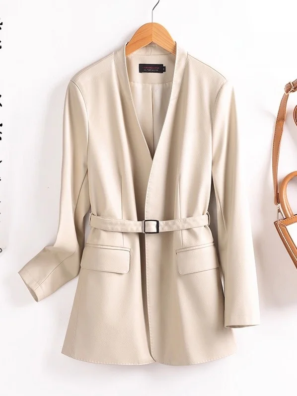 Faionable V-Ne Leather Jaet Women's Slim Fit Mid-Length Spring Autumn New Sle Haifeng Genuine Leather Coat