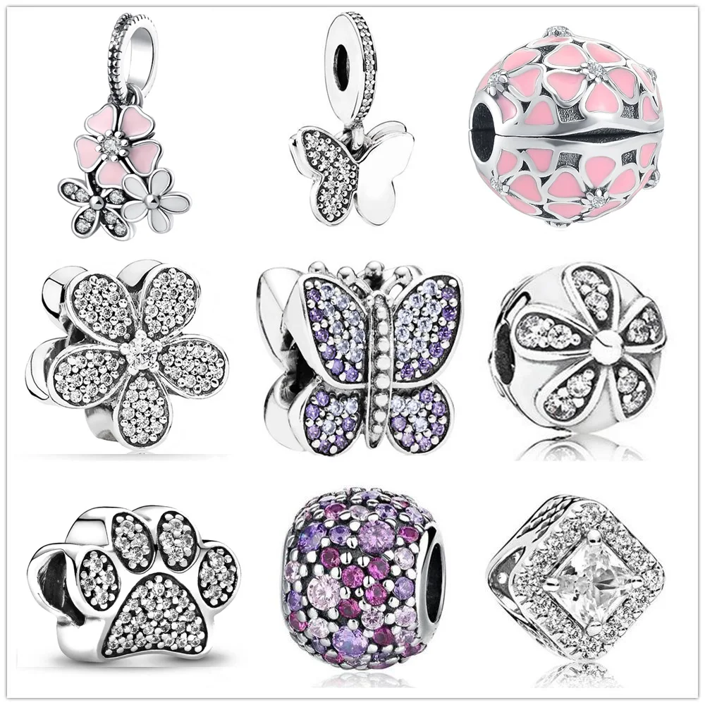 2023 Newst pink Daisy Flower Butterfly Charm Bead fit Original Pandora charms silver 925 Bracelet Pulsera DIY Women Berloque