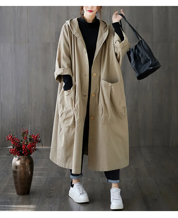 Lässiger, übergroßer, langer Damen-Trenchcoat mit großen Taschen, knielang, mit Kapuze, winddicht, warm, mit Knöpfen, Mädchen-Trenchcoat – Detail 8