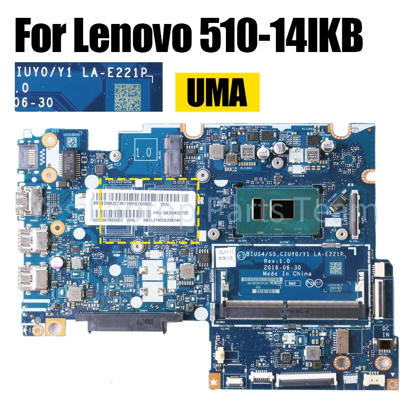 LA-E221P For Lenovo 510-14IKB Laptop Mainboard 5B20M3932811 5B20M32797 I3-7100U i5-7200U GPU 2G Notebook Motherboard 100％ Tested