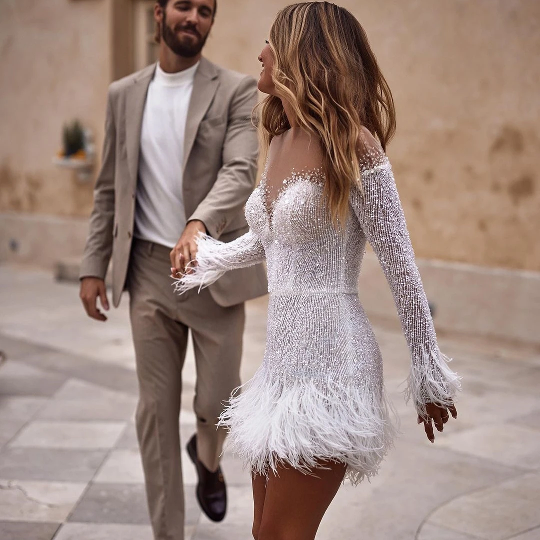 Vestido de cocktail branco para mulheres, gola O, mangas compridas, mancha frisada, festa de casamento, mini vestido com zíper nas costas, frisado, ocasião formal