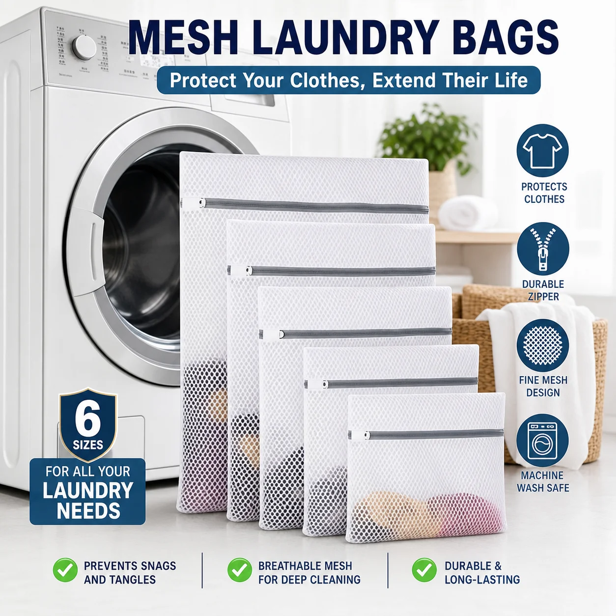 1/2/4/6PCS Mesh Laundry Wash Bags Set Zippered Delicates Lingerie Bra Socks Storage Bags Anti Tangling for Washing Machine Dorm