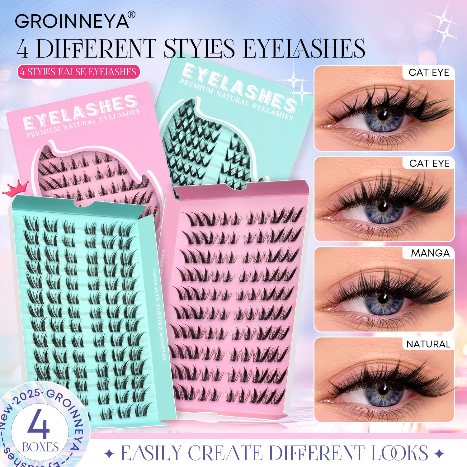 GROINNEYA Cat Eye Lashes DIY Lash Clusters Extension Manga Cluster Eyelashes Soft Cross Mixed Tray Natural False Lashes Makeup