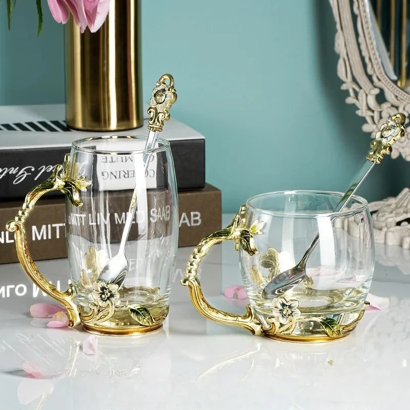 Hand-made Enamel Coffee Mug Crystal Cup Milk Lemon Flower Tea Cup High-grade Glass Drinkware Gift Couple Mug for Lover Wedding
