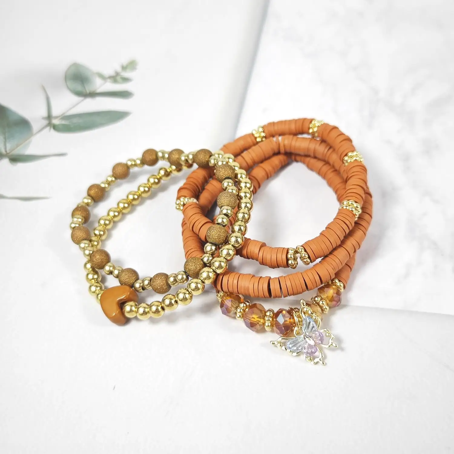 Bohemian Bracelet And Cup Chain Set Soft Clay Elastic Rope Jewelry with Butterfly And Gold Spacer Beads Cross-Border Bestseller