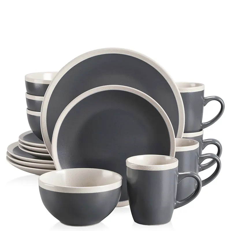 Vancasso Seesami 16/32/48 Piece Dinner Tableware Set made of Stoneware Pottery Set in a Modern Look for 4-12 People Dark Gray