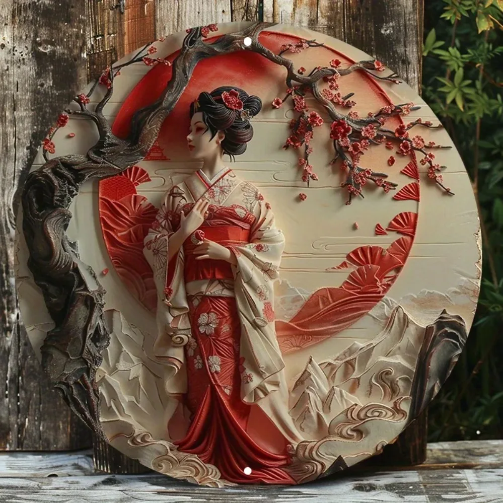 Amawe Aluminum Wall Art Japanese Sunset Elegant Woman Sign UV Resistant Indoor Outdoor Decor