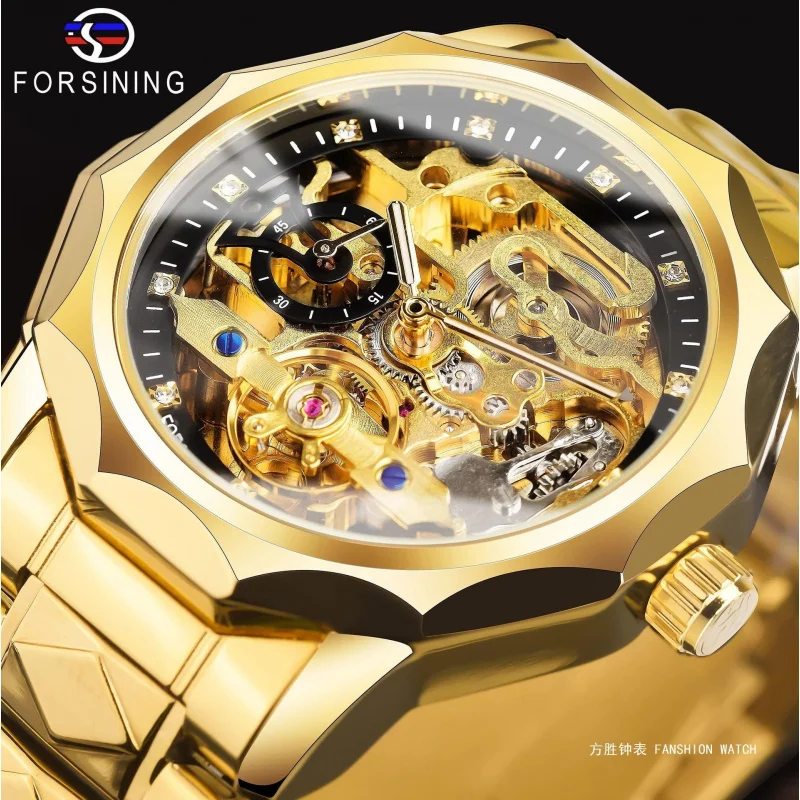 Official brand free shippingMen's Tourbillon Automatic Mechanical Hollow 's Wrist Rhinestone Gold Luxury Men's Watch