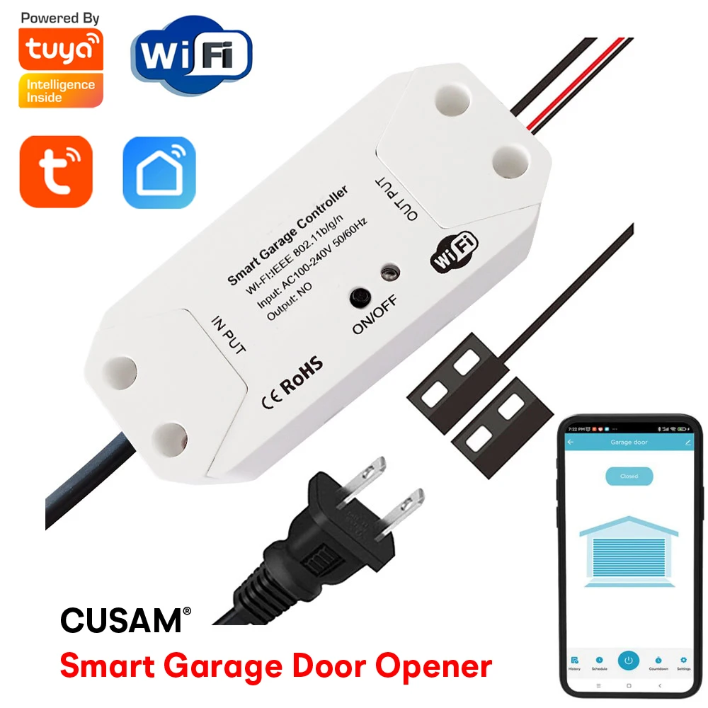 CUSAM Tuya Smart WiFi Garage Door Opener Controller Switch App Remote Control Works with Alexa Google Assistant Siri Shortcut