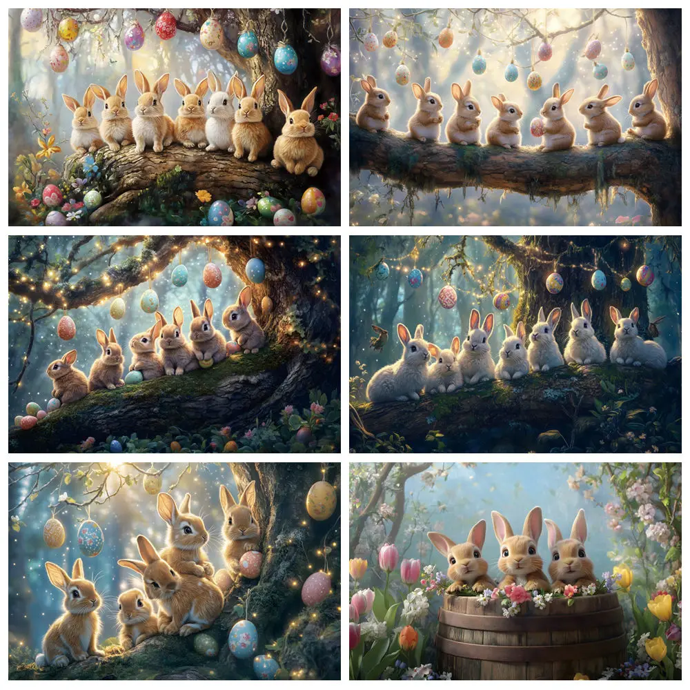 Spring Easter Photography Backdrop Cute Rabbit Colorful Eggs Flower Bunny Forest Kids Portrait Easter Background Photo Studio