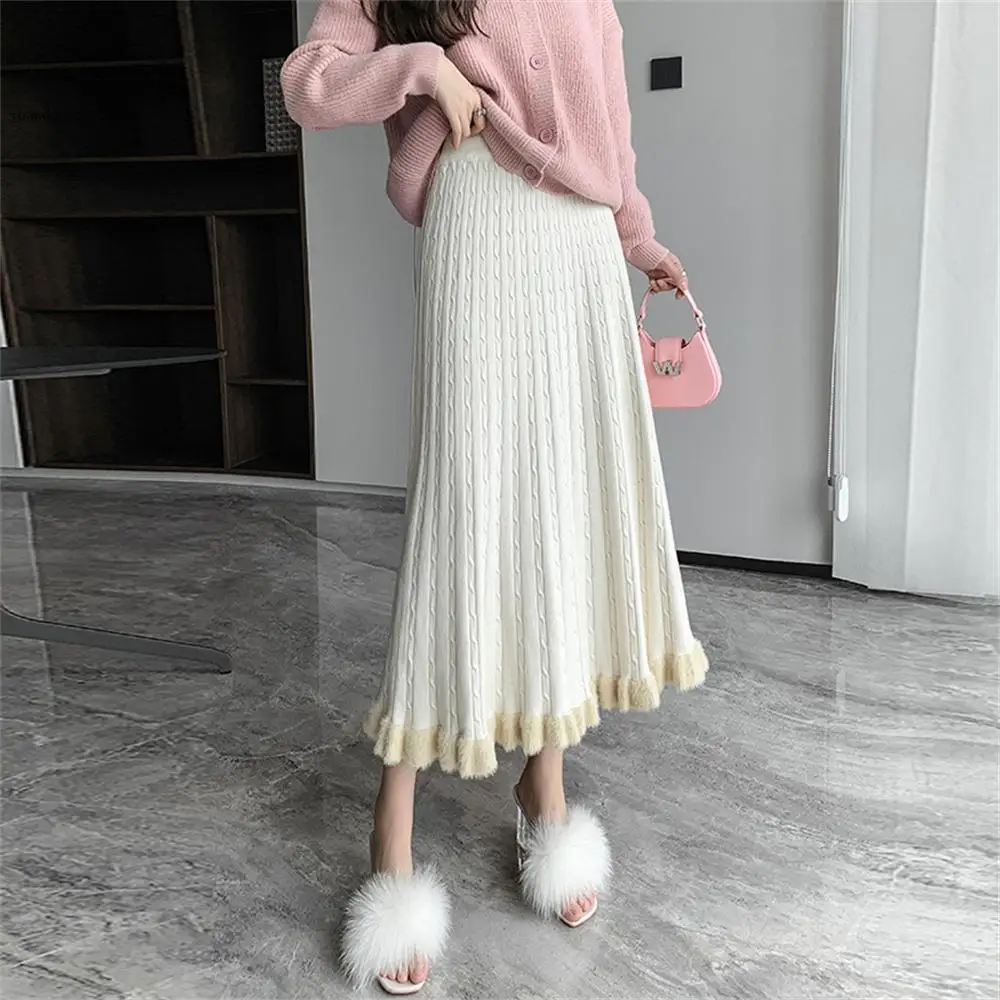 Autumn Winter Elastic High Waist Thick Knitted Ladies Midi Ruffles Pleated Skirts Skirt for Women's Wool Skirt