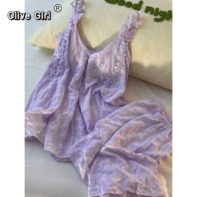 

Olivegirl Summer Ins with Chest Cushion Sleepwear Women's Flower Sling Suspender+shorts Purple 2026 Casual Set Polyester-cotton
