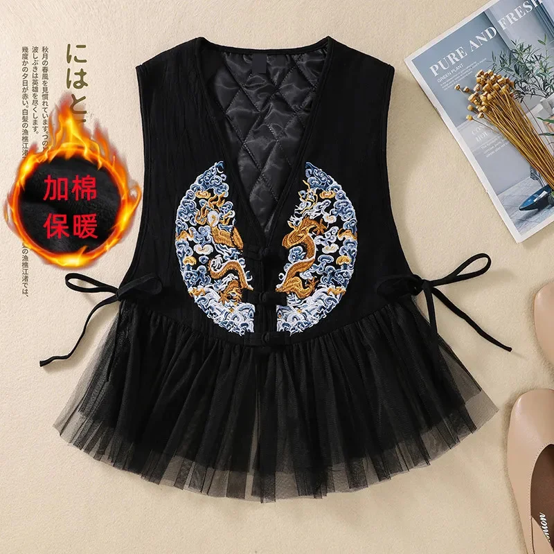 Ethnic style cotton and linen embroidered vest retro buckle side fully open lace up mesh splicing loose top for women