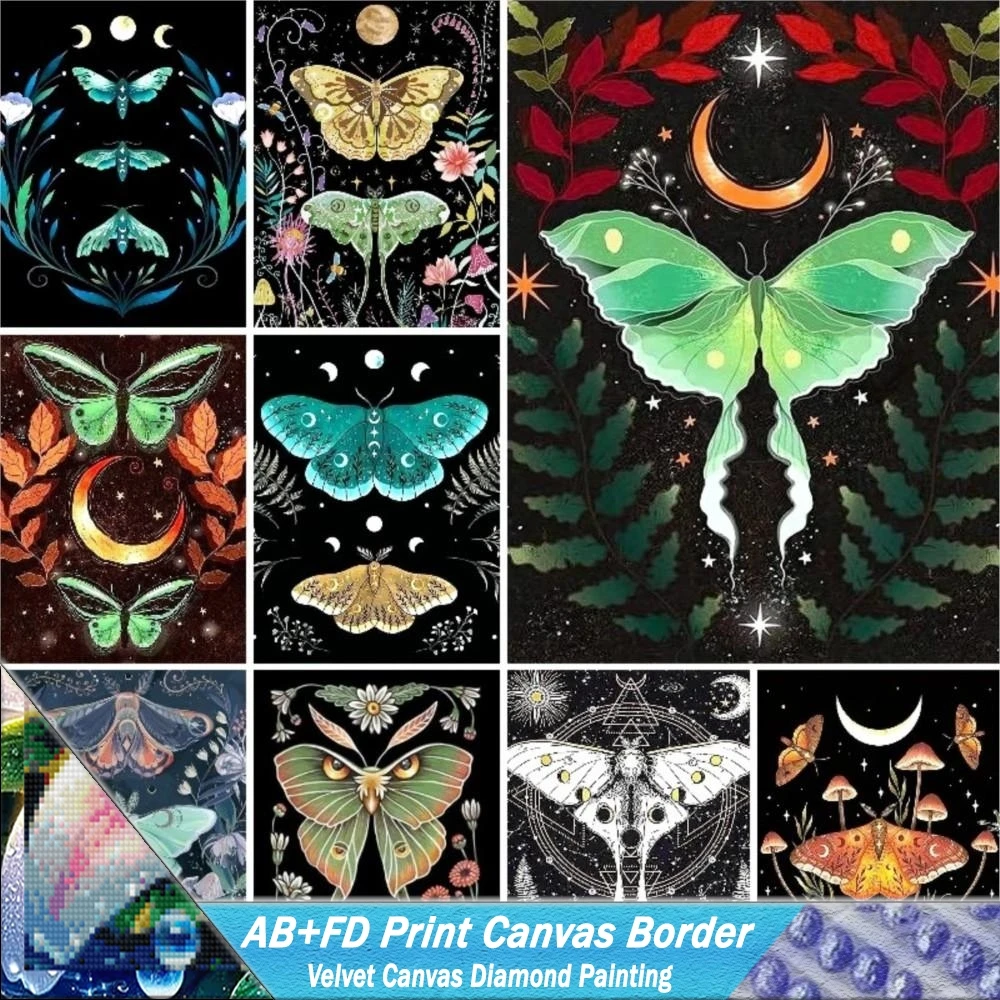 AB+FD Print Canvas Border Diamond Painting Kit DIY Butterfly Moths Wandering Floral Cross Stitch Mosaic Home Decor Handiwork Art