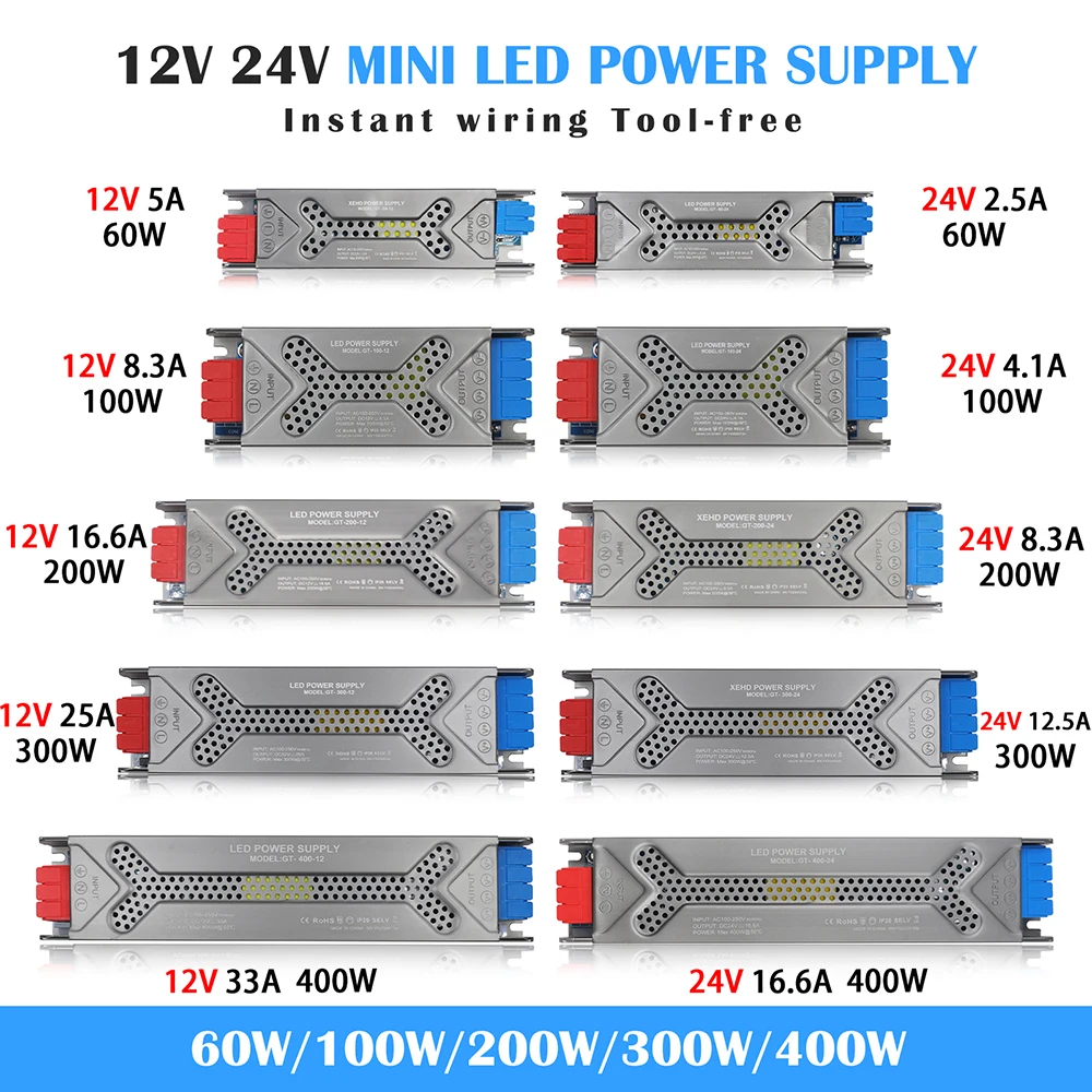 Ultra Thin Lighting Transformers 110V 220V to 12V 24V 60W 100W 200W 300W 400W For CCTV LED Strip Power Supply Adapter Driver