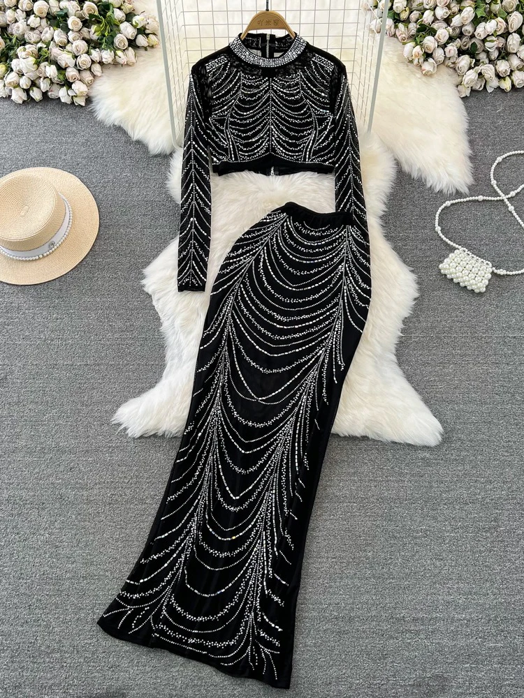 

Spring Summer Women Sexy Diamonds 2Pcs Set Elegant Stand Collar Zipper Short Tops High Waist Mermaid Long Skirt Suit Outfit New