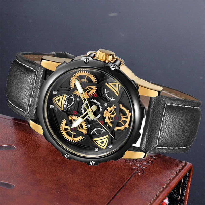 SKONE Black technology cool fashion mechanical style hollowed out trend popular belt casual men's watch