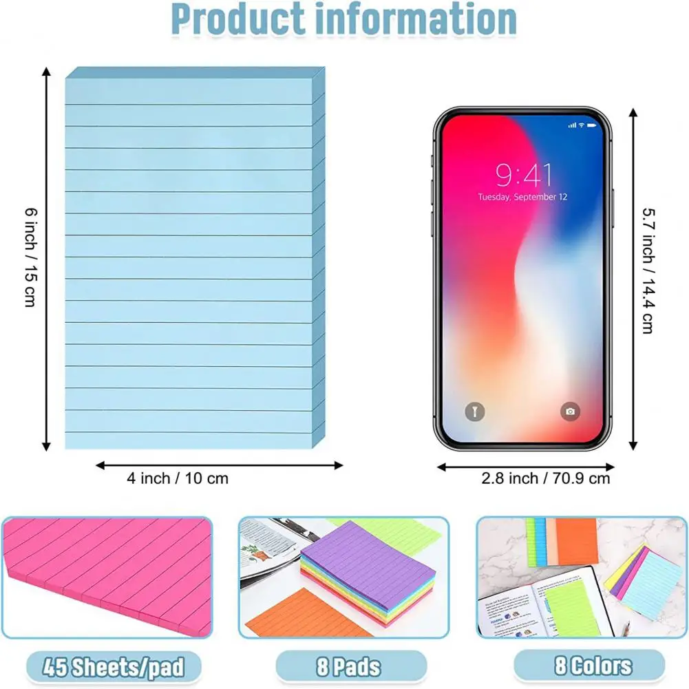لوحة ملاحظات لاصقة مبطنة ، عصا ذاتية الالتصاق فائقة القوة ، طلاب صغيرون ، مذكرة محكومة ، ألوان زاهية ، 45 ورقة ، 10 × 15 ، 8